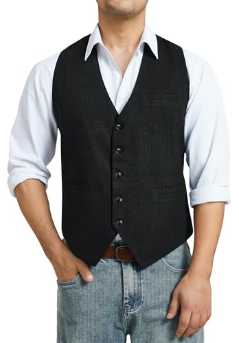 HISDERN Chaleco Tweed Hombre Elegante Chaleco de Traje de Lana en Espiga Slim Fit Negro M