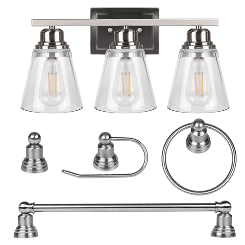 Image of Brushed Nickel 3 Light Bathroom Vanity Light Set,5 Piece Brushed Nickel Bathroom Light Accessories Set,Brushed Nickle 3 Light Bathroom Vanity Fixture with Hardware Set