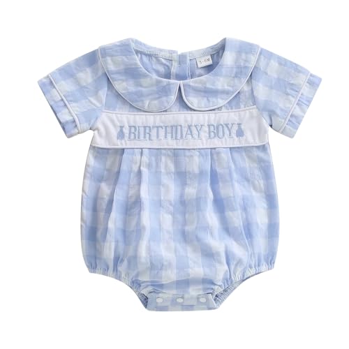 Image of Baby Boy First Birthday Outfit Short Sleeve Peter Pan Collar Smocked Gingham Bubble Romper Newborn Summer Clothes