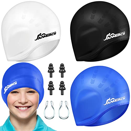 3 gorras de natación para niños con bolsillo 3D para las orejas, gorras de natación de silicona con 2 pares de tapones para los oídos, clip de nariz para mujeres, hombres y adolescentes