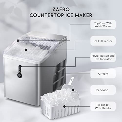 Zafro Ice Maker Countertop With Self-Cleaning Function, 26Lbs/24Hrs Portable Ice Maker, 9 Cubes Ready In 8 Mins, Compact Ice Maker With Ice Scoop/Basket For Home/Kitchen/Office/Bar, Silver&White #TOP5