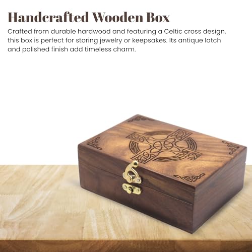 Image of Celtic Cross Wooden Jewelry Box, Rosewood Handmade Engraved Christian Keepsake Storage Chest for Women & Men, Religious Gift Box, Vintage Wooden Treasure Organizer for Jewelry & Decor