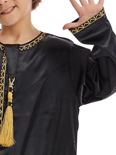 Qianliniuinc Islamisches Kleid für Jungen, runder Kragen – Jugendliche, langärmelig, muslimische Thobe, arabische Robe, Stickerei, Kleidung mit Taschen, Schwarz (B), 23