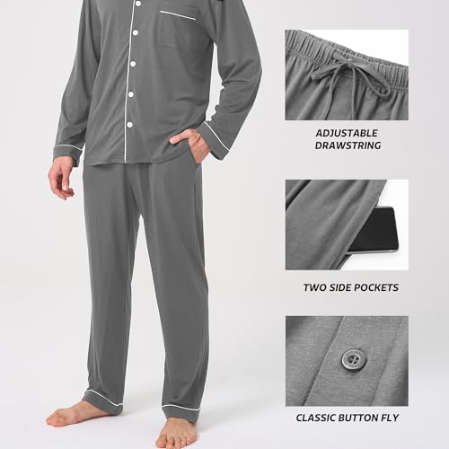 Image of BAMBOO COOL Mens Pajama Set Bamboo Viscose Cotton Soft Lightweight Loungewear Sleepwear Long Sleeve and Pants with Pockets