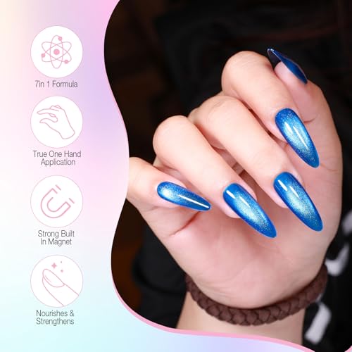 GELLAKTIK 7-in-1 Cat Eye Gel Nail Polish Pen, One Step Magnetic Gel Polish with Detachable Magnet, No Base/Top Coat Needed, Blue Gel Nail Polish Glassy Soak Off UV LED Nail Art DIY Home Salon — view 2