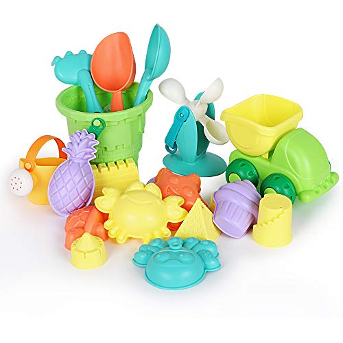 GobiDex Ready Beach Bag,20 Funky Beach Sand Toys Set – Phthalates and BPA Free – Sandbox Toys for Toddlers 36 m+, Green Bucket,Colorful Shovels, Rakes, Watering Can, Molds