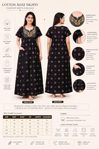 Image of Women's Pure Cotton Maxi Nighty, Jaipuri Embroidery Print, Short Sleeve Night Gown with Pocket