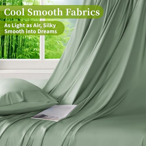 Shilucheng 100% Viscose Derived from Bamboo_ Sheets Queen Size 6pcs - Ultra Cooling & Silky Soft Bed Sheets, 16" Deep Pocket, Perfect for Hot Sleepers, Hotel Bedding Sheets (Sea Glass)
