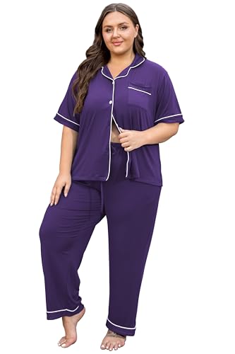 Image of Vozanet Women's Plus Size Pajamas Button Down Shirt and Pants Soft Lounge Sets Bride Nighty Bottom with Pockets 1x to 5x