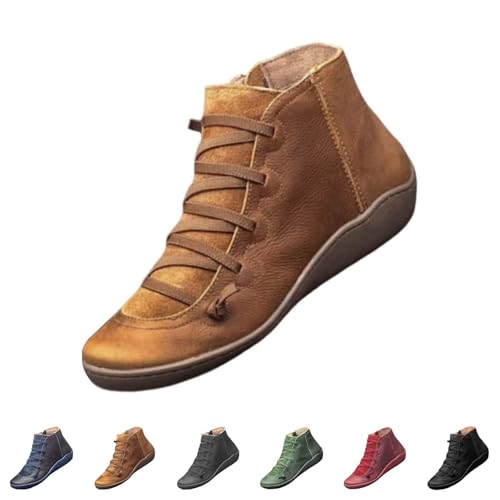Women's Vintage Casual Short Ankle Boots, Fall Boots 2025 Arch Support Fashion No Heel Lace Up Side Zipper Retro Leather Booties Comfy Damping Sole Slip On Flat Shoes Spring Fall Winter3