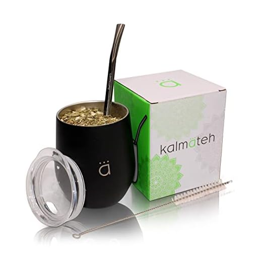 Kalmateh Yerba Mate Gourd - Modern 8 oz Mate Cup with BPA Free Lid- Double Walled 18/8 Stainless Steel - Includes Bombilla and Cleaning Brush