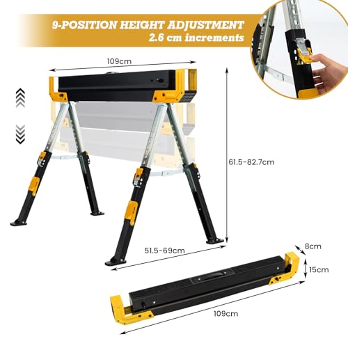 Miniatura 4 de Soars 2 Caballetes De Trabajo De Altura Regulable, Caballete Plegable Máx. 1180 Kg, Con Superficie De Trabajo Antideslizante, Soportes Plegables Y Asa, Soporte Para Andamios, Ayuda Para Sierra