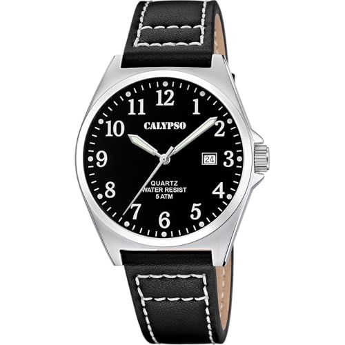 Calypso montre homme analogique en cuir noir avec calendrier et verre minéral résistant K5868/4