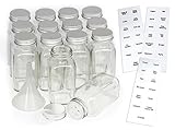 14 Large Square Glass Spice Jars with Shaker Lids and Metal caps (6 oz), Plastic Funnel, Pre-Printed Label set | Organize Salt, Pepper, Herbs & More