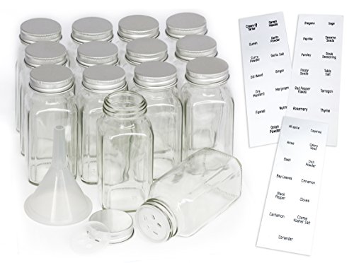 14 Large Square Glass Spice Jars with Shaker Lids and Metal caps (6 oz), Plastic Funnel, Pre-Printed Label set | Organize Salt, Pepper, Herbs & More