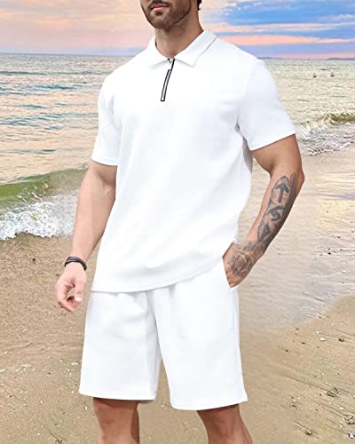 Seganup Mens Polo Shirt And Shorts Set Summer Outfit Fashion Casual Short Sleeve 2 Piece Zip Polo Tracksuit White M #TOP1