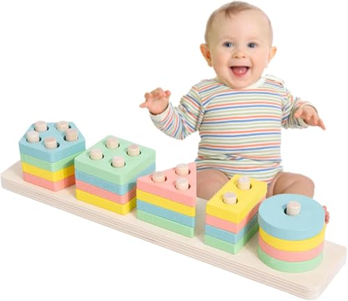 Image of SHINETOY Rainbow 5-Column Wooden Sorting & Stacking Toy | Color & Shape Recognition Blocks | Montessori Educational Toy for Toddlers, 21pcs