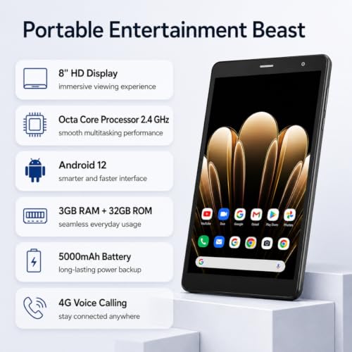 Image of IKALL N16 Tablet (8-Inch HD Display, 3GB RAM, 32GB ROM, 2.4Ghz Octa Core & Android 12, 4G Calling, 4000mAh Battery, 8MP Rear and 5MP Front Camera, Wi-Fi+Voice Calling, Blue)