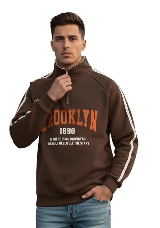 akar Men's Regular Fit Quarter-Zip Sweatshirt, Cotton Blend, Grey with Brooklyn Print, Winter Casual Wear-picture-23