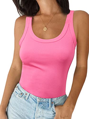 Hooklzo Ribbed Tank Top For Women Summer Fitted Basic Cami Sleeveless Tops Scoop Neck Shirt S Pink #TOP1