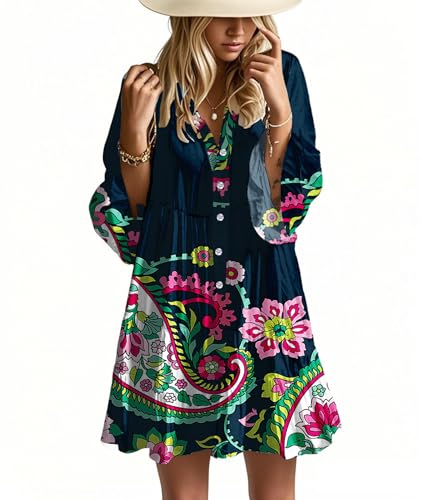 Opemiby Summer Dresses for Women 2026 Flowy Ruffle 3/4 Sleeve V Neck Tiered Casual Babydoll Boho Beach Mini Dress Deep Blue Flowers M