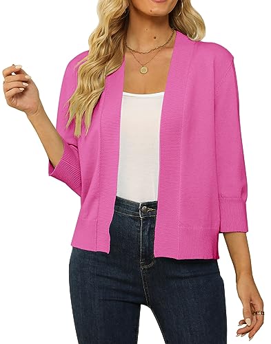 Image of Women's 3 /4 Sleeve Cropped Cardigan Sweater Open Front Short Shrugs Cardigans Lightweight Sweaters