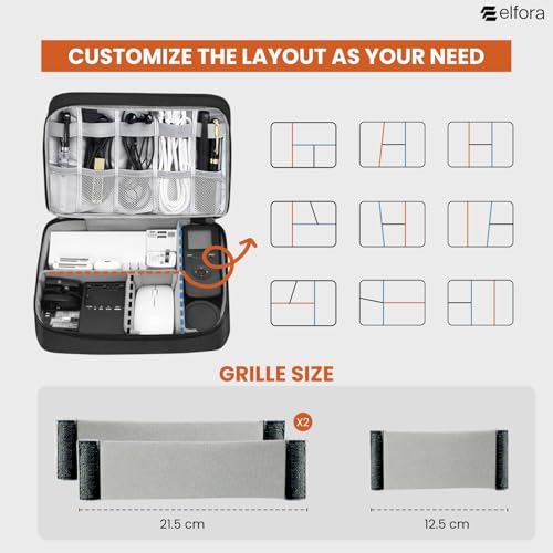 Image of Elfora Cable Organizer Bag | Single Compartment Electronics Gadget Case for Cables, USB Charger, Phone, Earphone & Power Bank | Portable Travel Accessory Pouch with Mesh Pockets & Handle Strap (Black)
