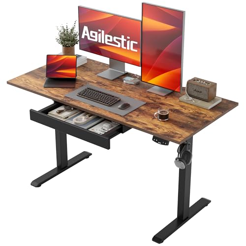 Image of Agilestic Electric Standing Desk with Drawers, 47.8 x 24 Inches Height Adjustable Desk, Stand up Computer Table with Memory Preset, for Work Office Home, Rustic Brown