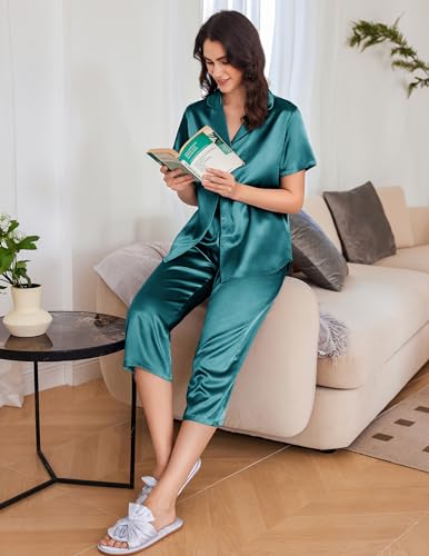 Image of Ekouaer Womens Satin Silky Capri Pajamas Short Sleeve Button Down Sleepwear