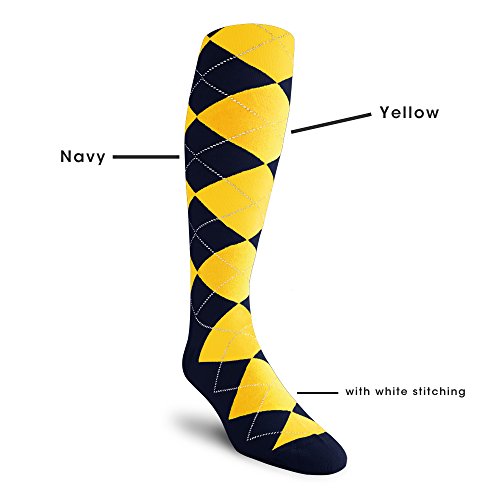 Colorful Knee High Argyle Cotton Socks For Men Women and Youth - F: Navy/Yellow- Mens2