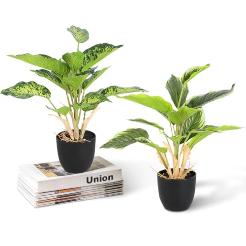 NUTKIT 2 Piezas Plantas Artificiales con Macetas, Plantas Falsas Simples, Fácil de Cuidar, para Interiores Exteriores Hogares Oficinas Jardines Escritorios, Verde Oscuro