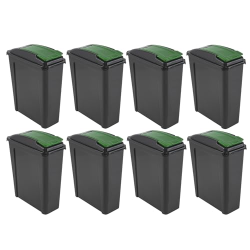 GREEN (Set of 8) X 25L Recycling Bin Slimline Flap Lock Removable Lid | Heavy Duty Recycling Dustbin for Home, Office, Kitchen & Animal Feed Storage | Space-Saving Lightweight Bin Indoor/Outdoor Use