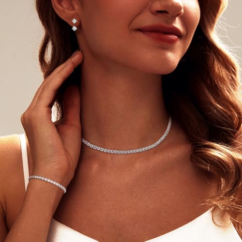 Luxval Tennis Necklace Set for Women Tennis Bracelets Diamond Earrings Sterling Silver Necklace Wedding Jewelry for Bride Silver Jewelry Sets for Women Gift2