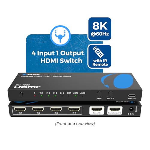 Image of OREI 4-Port eARC 8K Audio Extractor 4x1 Switch for Monitors TVs, Extract Dolby Atmos to Convert Sound bar 4K @ 120hz 18G ARC HDCP 2.3 Perfect for 8K Displays, CEC, Remote Control Works for Sonos Bose