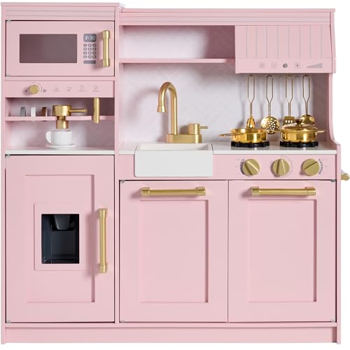 Best Choice Products Toddler Kitchen Playset with Pretend Play Espresso Machine Interactive Wooden Kids Play Kitchen Equipped with Toy Storage and 17 Accessories - Pink