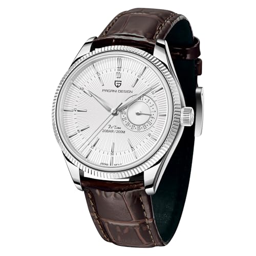 Pagani Design Mens 40mm Stainless Steel Quartz Formal Wristwatch 200M Sport Water Resistant Business Leather Watch with Date Display Relojes De Hombre (Silver Brown)