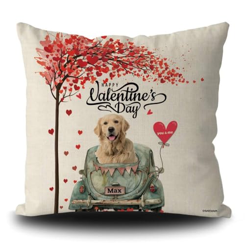 GABSHAIM Custom Happy Valentine Golden Retriever Throw Pillow Cover Love Hearts Tree Dog Truck Linen Pillowcase Sofa Couch Home Decor Print Both Sides 20x20 Inch Style 3