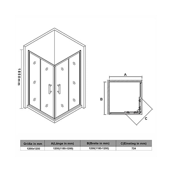 SUNXURY Duschkabine 120x120cm Doppel Schiebetür Eckeinstieg Duschabtrennung Dusche aus 5mm ESG Sicherheitsglas Duschtür Höhe 185cm – Bild 8