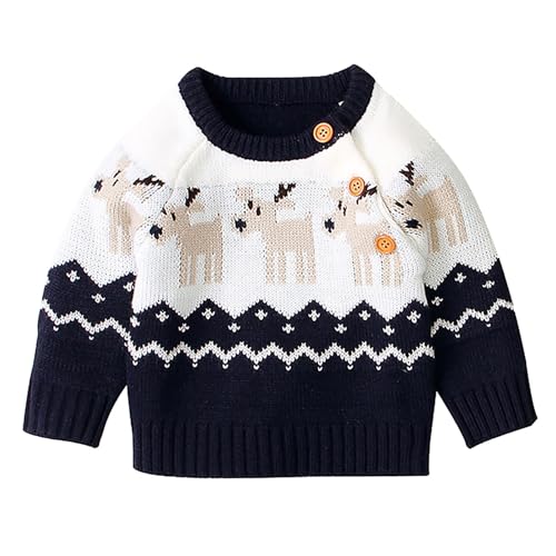 RNTOP Baby Boys Girls Christmas Sweater Infant Long Sleeve Pullover Reindeer Crewneck Knitted (Dark Blue, 6-12 Months)