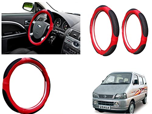 Image of Microfiber Car Steering Wheel Cover, Soft Padding Great Hand Feel, Anti-Slip, Faux Leather Steering Cover for Maruti Suzuki Versa | Black Red Jali - Pack of 1