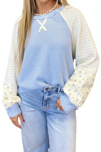 Mazulun Color Block Shirts for Women Floral Patchwork Textured Knit Long Sleeve Tops Beau Blue L