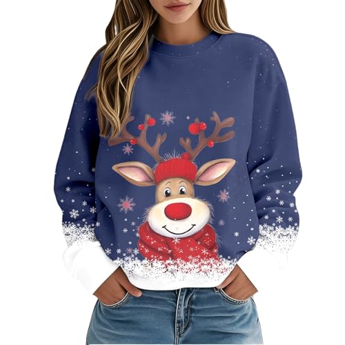 Christmas Jumpers for Women Long Sleeve Sweatshirts Xmas Tree Jumper Funny Wine Glass Reindeer Santa Claus Graphic Pullover Tops Ladies Stylish Xmas Tshirts for Holiday Going Out (Navy, M)