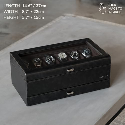 TAWBURY 12 Slot Watch Box with Storage Drawer - Premium Black PU Leather Watch Box for Men | Easy One-hand Opening, Plush Velveteen Interior (Black/Charcoal) by TAWBURY - Image 3