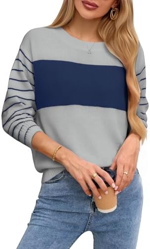 shermie Women's Color Block Pullover Sweaters Long Sleeve Crew Neck Casual Strip
