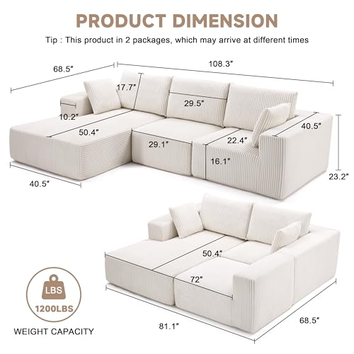 108” Modular Sectional Sofa, Cloud Sectional Couch with Deep Seat, Modern Modular L-Shape Sofa Couch with Chaise,Upholstered Boneless Couches for Living Room Bedroom (Beige, Left Facing Chaise) - Image 5
