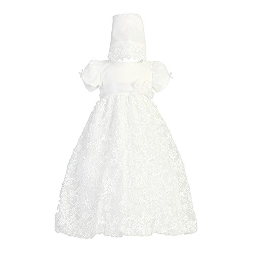 Long White Embroidered Satin Ribbon Tulle Baby Girl Christening Baptism Special Occasion Newborn Dress Gown with Matching Hat - XS (0-3 Month, 0-8 lbs)