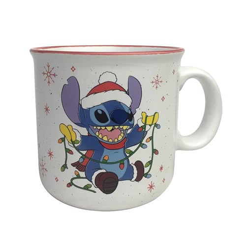 Image of Silver Buffalo Disney Lilo And Stitch Christmas Holiday Jingle All the Way String Lights Ceramic Camper Mug, 20 Ounces