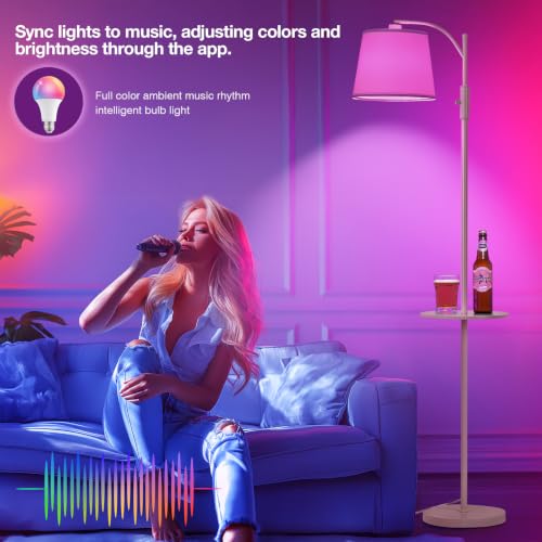 Image of AIDENOEY Smart Floor Lamp with Side Table | Stepless Dimming, RGB Multi-Color | Adjustable Swivel Head | Voice Control with Alexa & Google Assistant |White Lamp for Living Room,Bedroom,Home Office