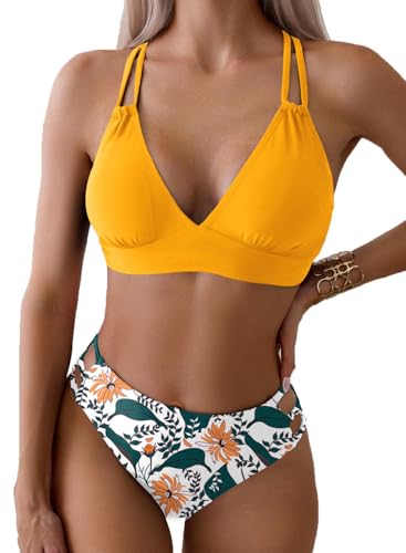 Yutdeng Bañador Dos Piezas Mujer Braga Alta Bikini Push Up con Aros Bikinis Reductor Barriga Talle Alto Vientre Plano con Pliegue Traje De Baño Mujer 2 Piezas Ropa de Baño Biquini,Amarillo,XL
