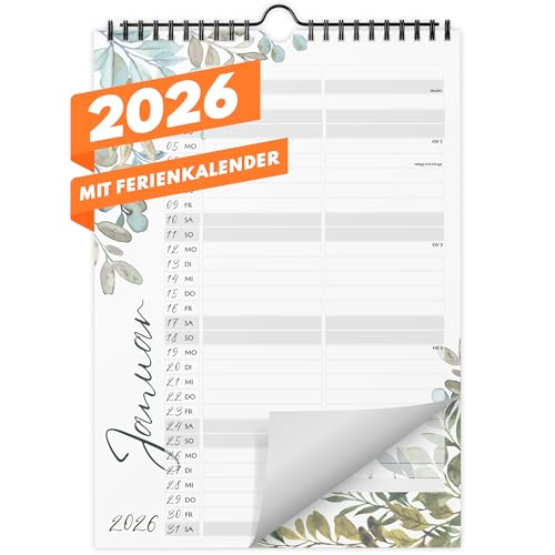 Kalender 2026 Wandkalender (Monatskalender im A4 Hochformat) - Monatskalender 2026 für das ganze Jahr von Januar bis Dezember mit Ferienübersicht - Ideal als Paarkalender oder Familienplaner